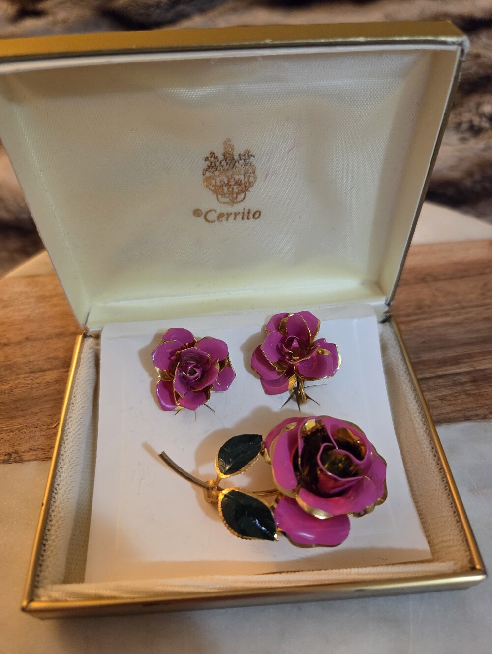 Pink Enamel Rose Brooch and Earring Set